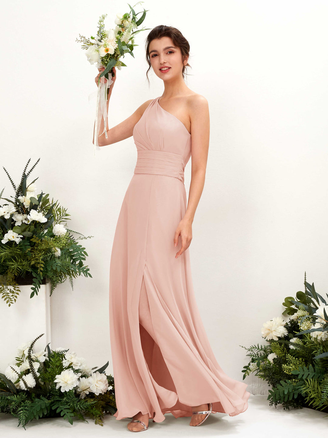Carlyna Etui Bodenlanges One-Shoulder Kleid mit Beinschlitz Chiffon Brautjungfernkleider Perlrosa 