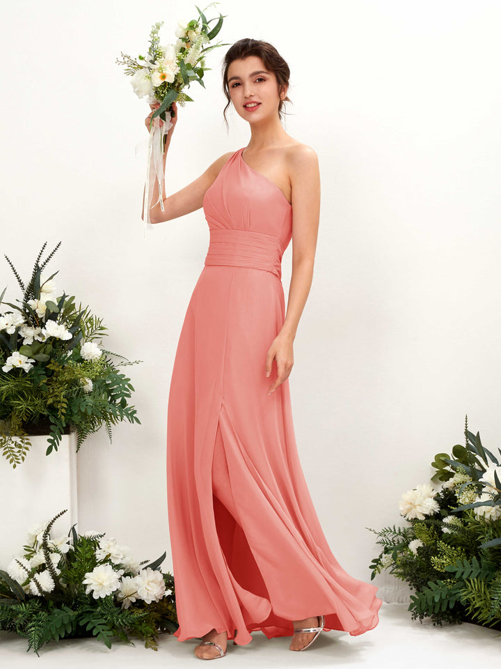 Carlyna Etui Bodenlanges One-Shoulder Kleid mit Beinschlitz Chiffon Brautjungfernkleider Pfirsichrosa 
