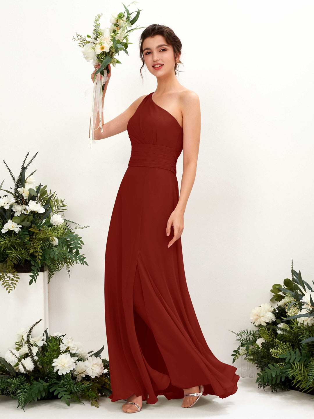 Carlyna Etui Bodenlanges One-Shoulder Kleid mit Beinschlitz Chiffon Brautjungfernkleider Rostrot 