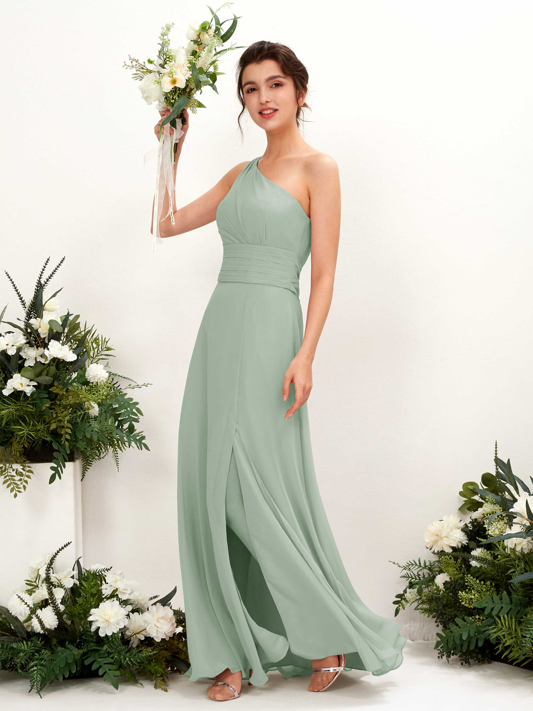 Carlyna Etui Bodenlanges One-Shoulder Kleid mit Beinschlitz Chiffon Brautjungfernkleider Salbeigrün 