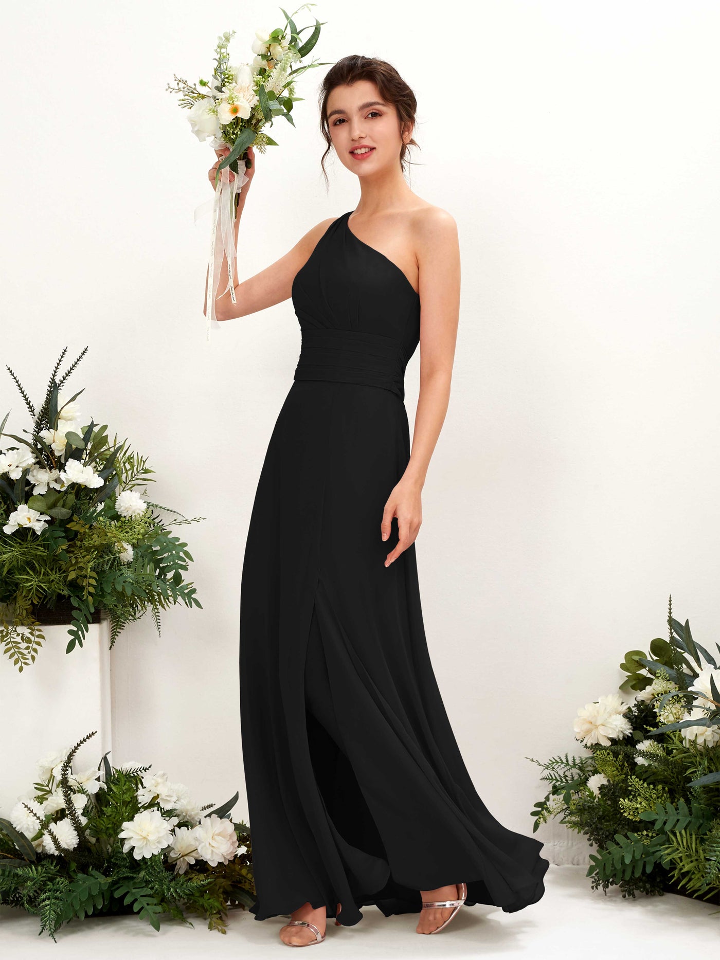 Carlyna Etui Bodenlanges One-Shoulder Kleid mit Beinschlitz Chiffon Brautjungfernkleider Schwarz #farbe_schwarz