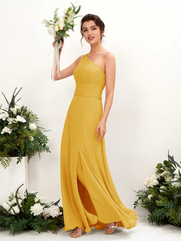 Carlyna Etui Bodenlanges One-Shoulder Kleid mit Beinschlitz Chiffon Brautjungfernkleider Senfgelb #farbe_senfgelb