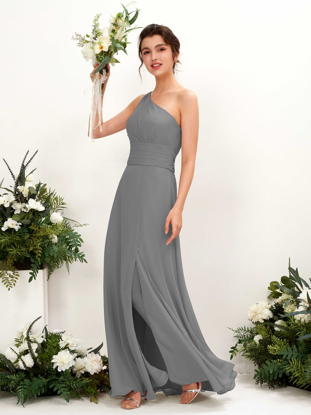 Carlyna Etui Bodenlanges One-Shoulder Kleid mit Beinschlitz Chiffon Brautjungfernkleider Stahlgrau 