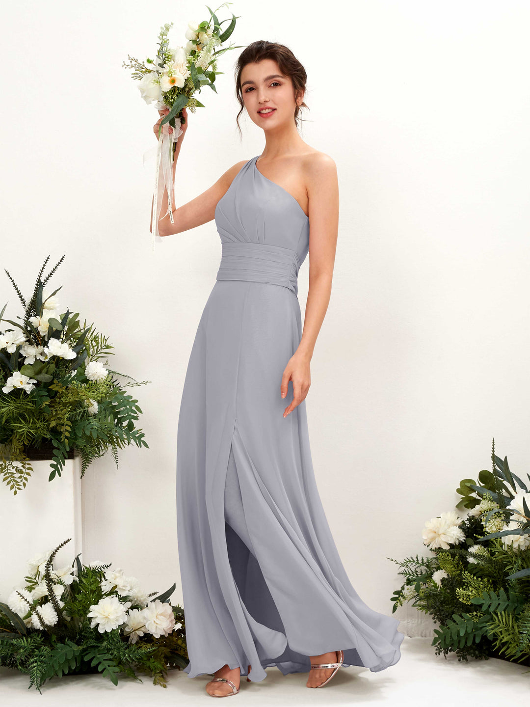 Carlyna Etui Bodenlanges One-Shoulder Kleid mit Beinschlitz Chiffon Brautjungfernkleider Staubiger Lavendel 