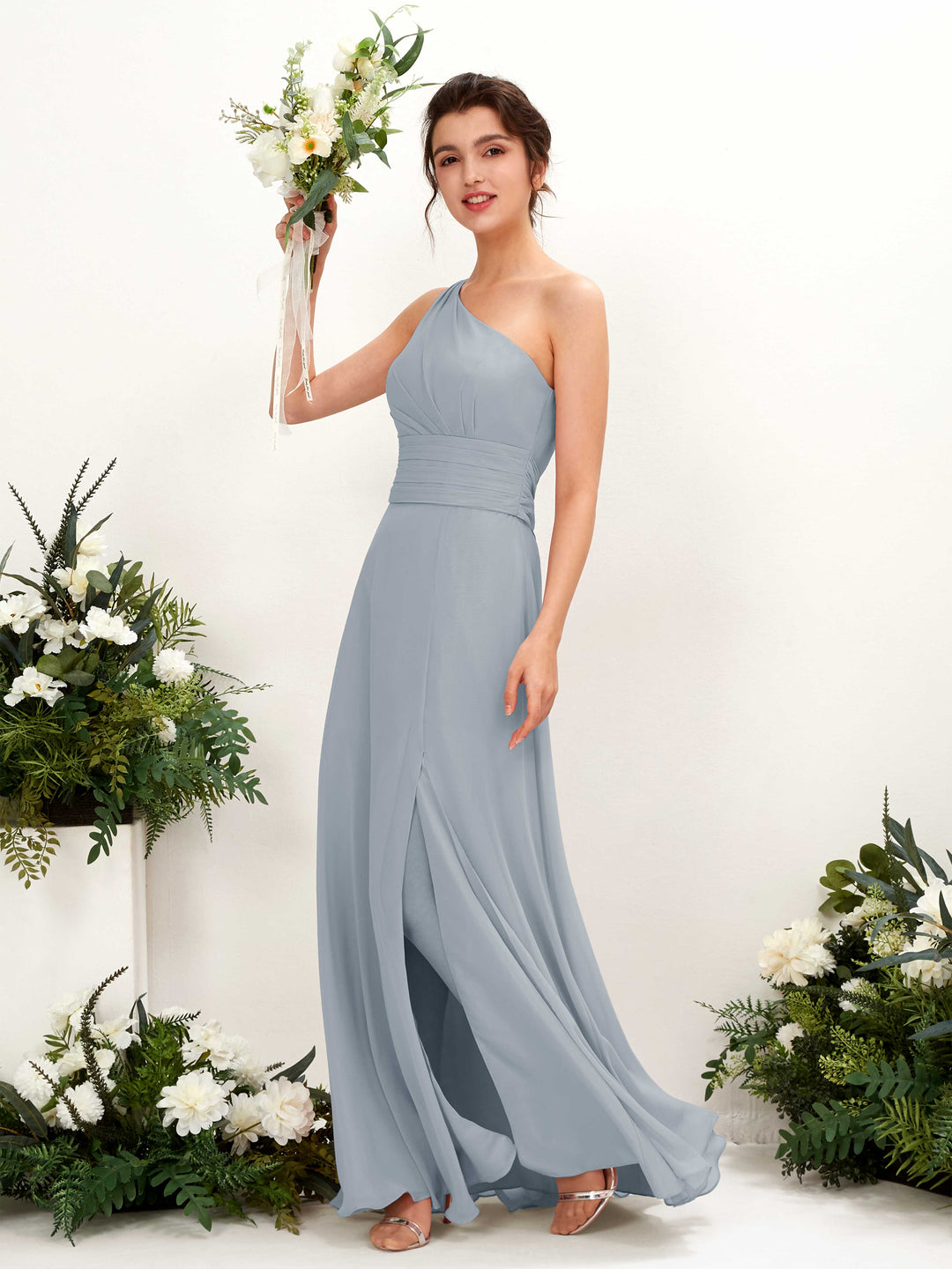 Carlyna Etui Bodenlanges One-Shoulder Kleid mit Beinschlitz Chiffon Brautjungfernkleider Staubiges Blau-Upgrade 