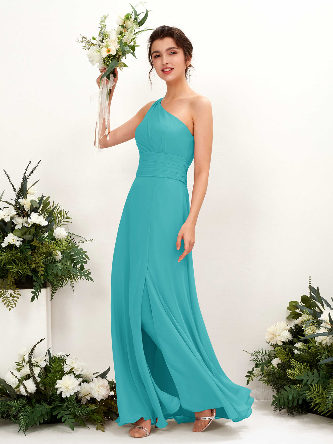Carlyna Etui Bodenlanges One-Shoulder Kleid mit Beinschlitz Chiffon Brautjungfernkleider Türkis 