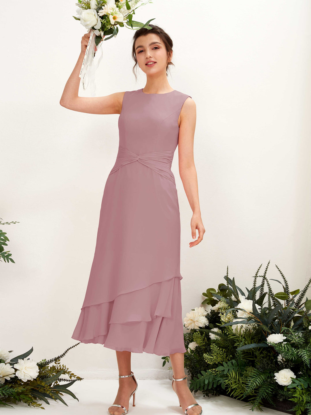 Carlyna Etui Rundhals Wadenlang Chiffon Brautjungfernkleid Klassisch Mauve 