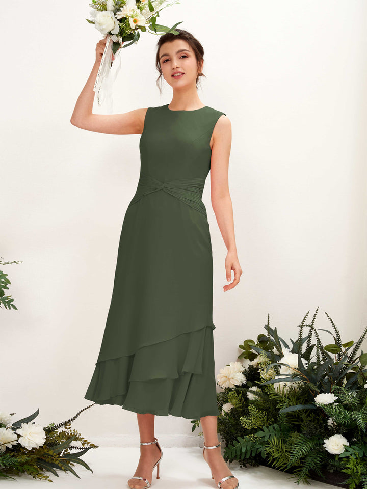 Carlyna Etui Rundhals Wadenlang Chiffon Brautjungfernkleid Martini-Olive 