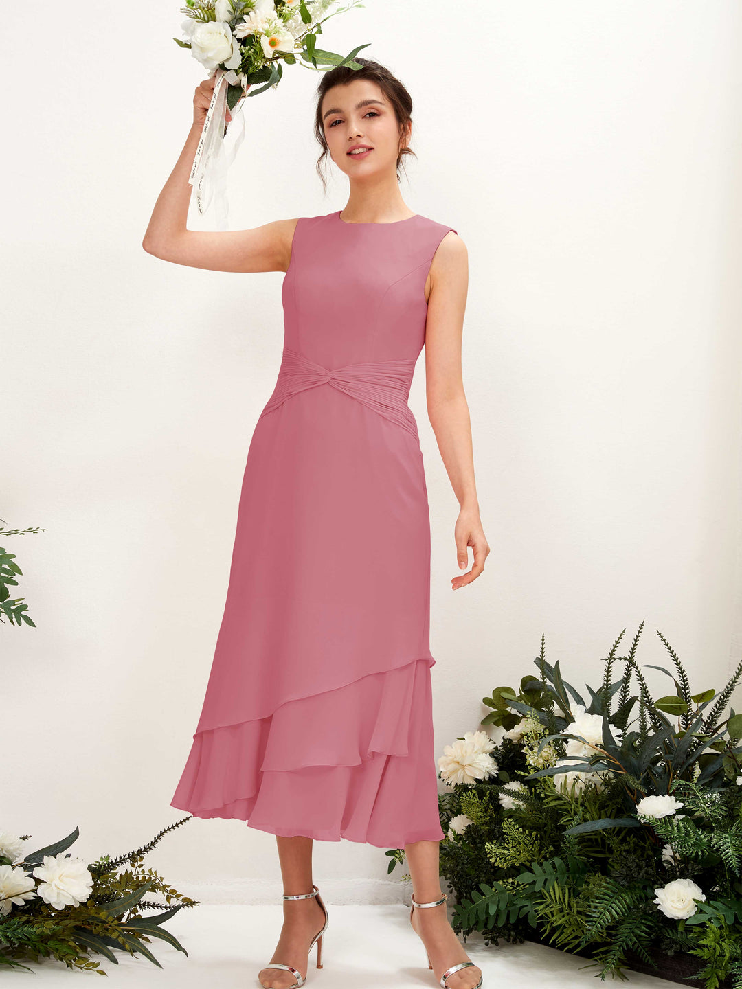 Carlyna Etui Rundhals Wadenlang Chiffon Brautjungfernkleid Wüstenrose 