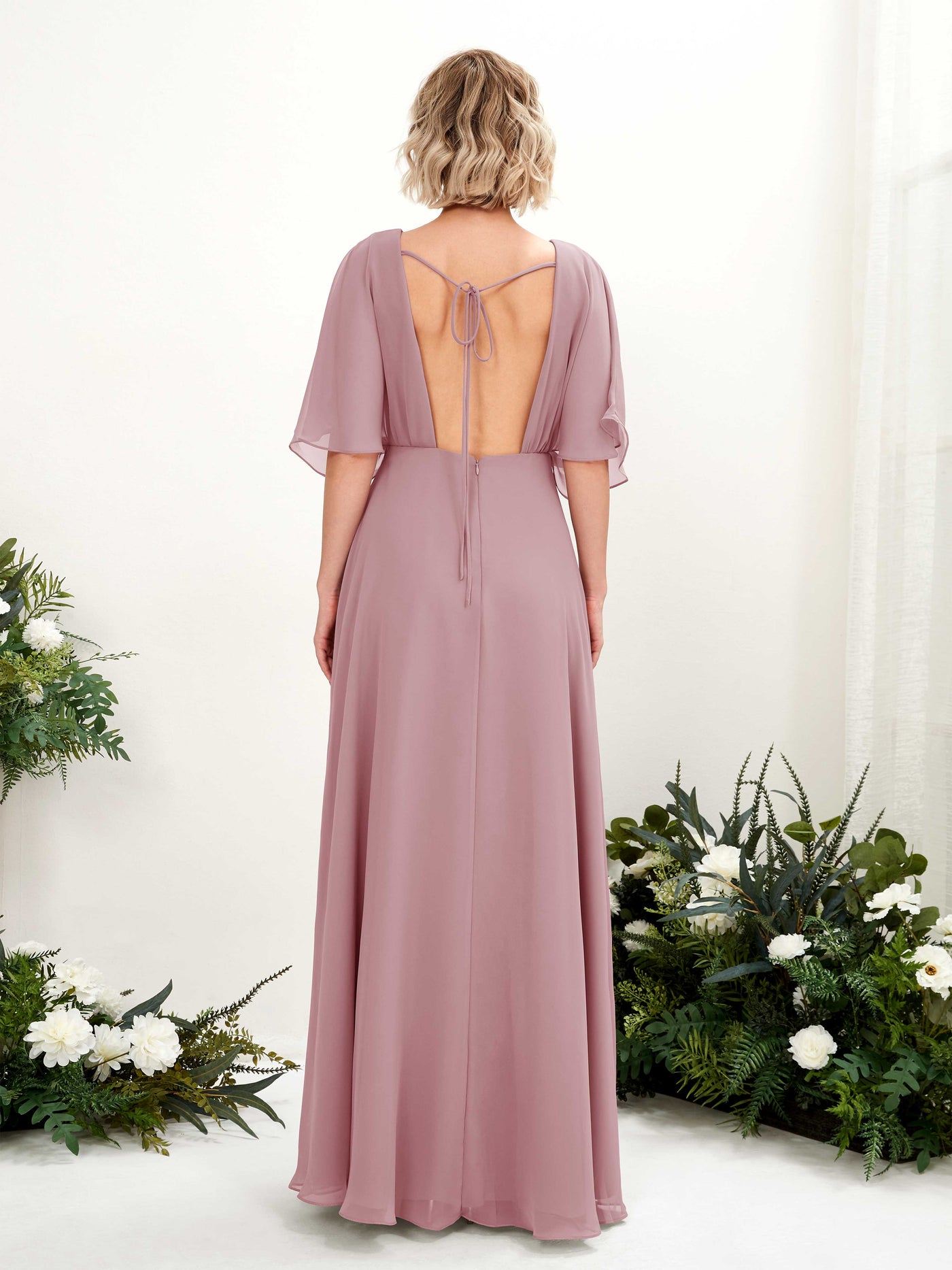 Carlyna Etui V-Ausschnitt Kurzarm Brautjungfernkleid Bodenlang Klassisch Mauve #farbe_klassisch-mauve