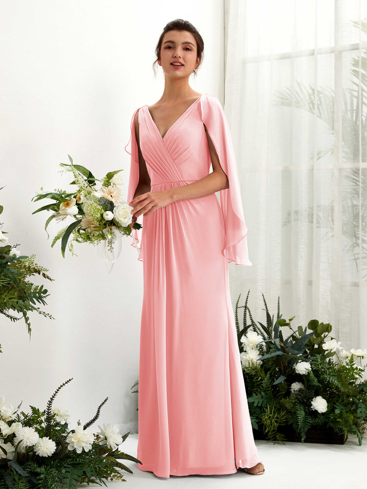 Carlyna Etui V-Ausschnitt Umhang-Ärmel Chiffon Brautjungfernkleid Ballettrosa 