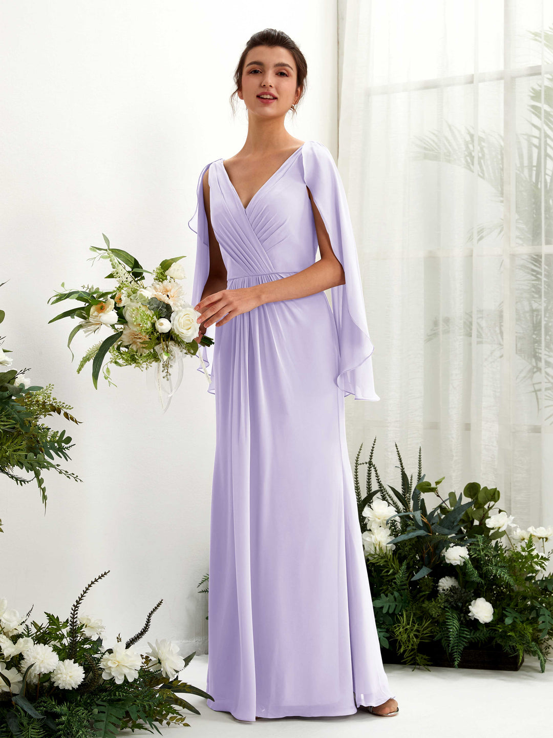 Carlyna Etui V-Ausschnitt Umhang-Ärmel Chiffon Brautjungfernkleid Flieder 