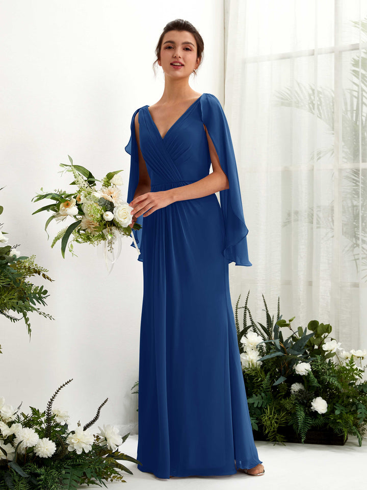 Carlyna Etui V-Ausschnitt Umhang-Ärmel Chiffon Brautjungfernkleid Königsblau 