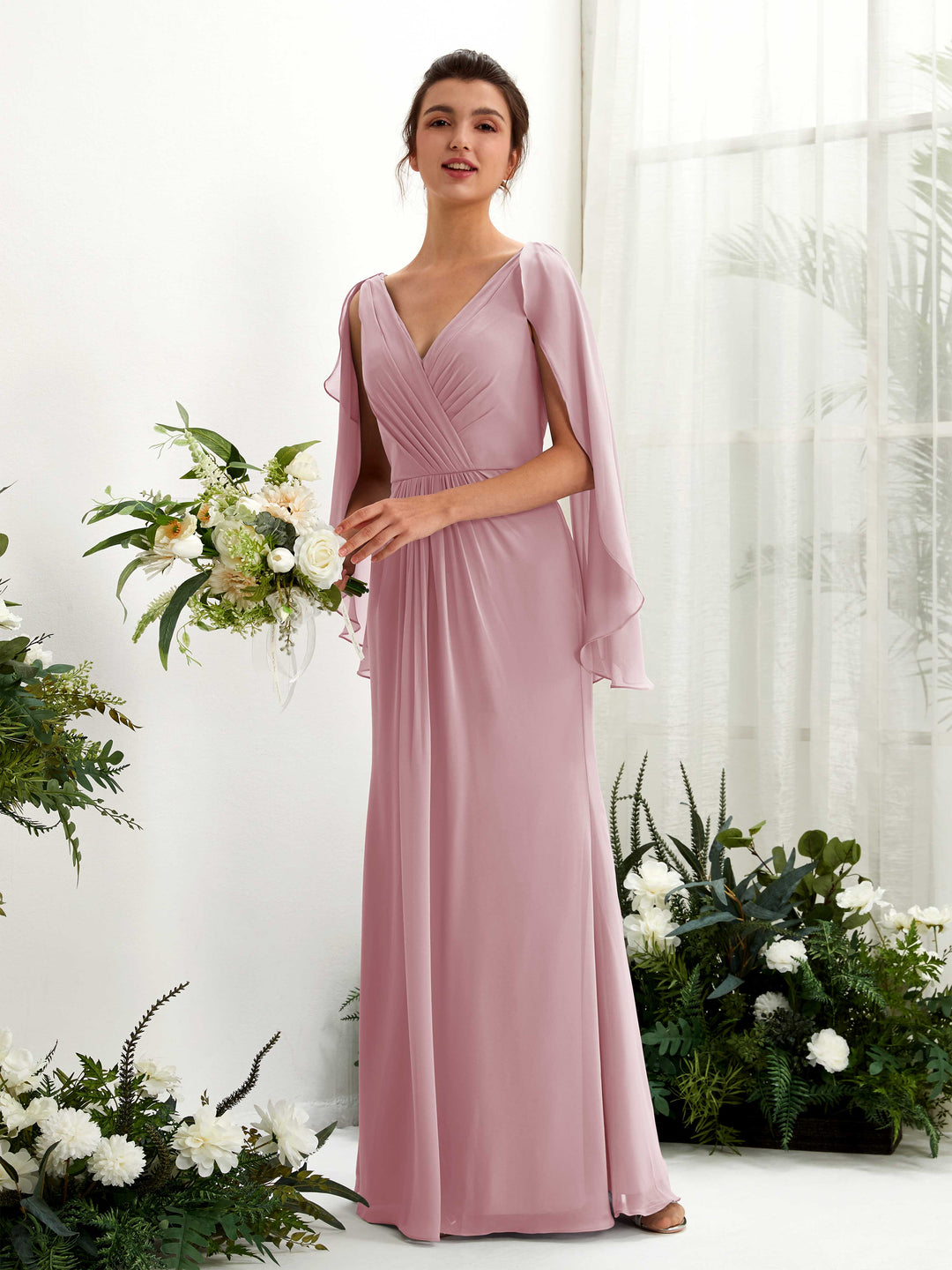 Carlyna Etui V-Ausschnitt Umhang-Ärmel Chiffon Brautjungfernkleid Klassisch Mauve 