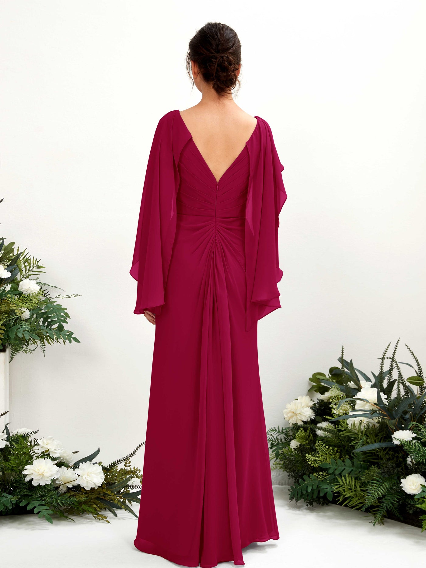 Carlyna Etui V-Ausschnitt Umhang-Ärmel Chiffon Brautjungfernkleid Narrenrot #farbe_narrenrot