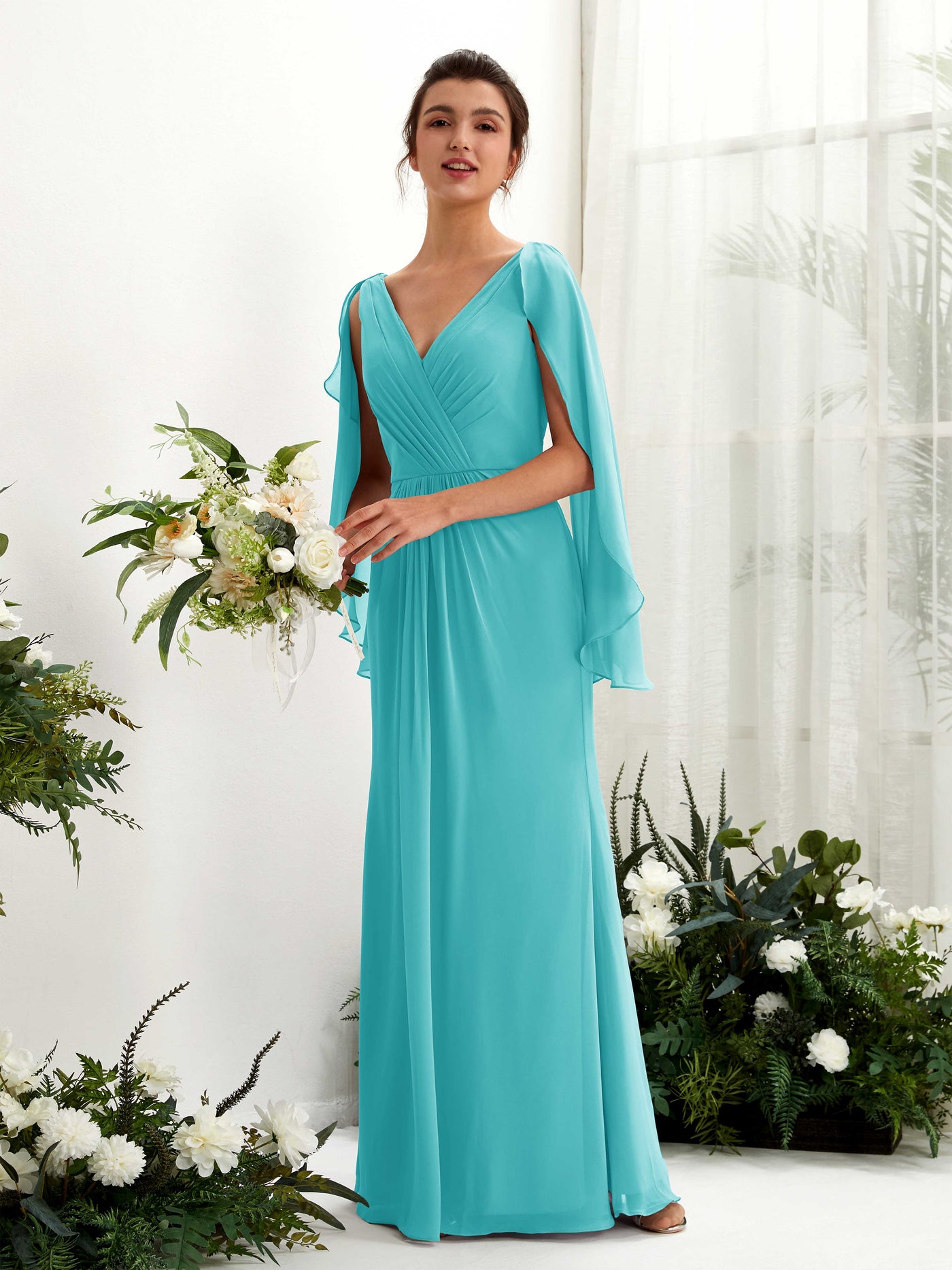 Carlyna Etui V-Ausschnitt Umhang-Ärmel Chiffon Brautjungfernkleid Türkis #farbe_t-rkis