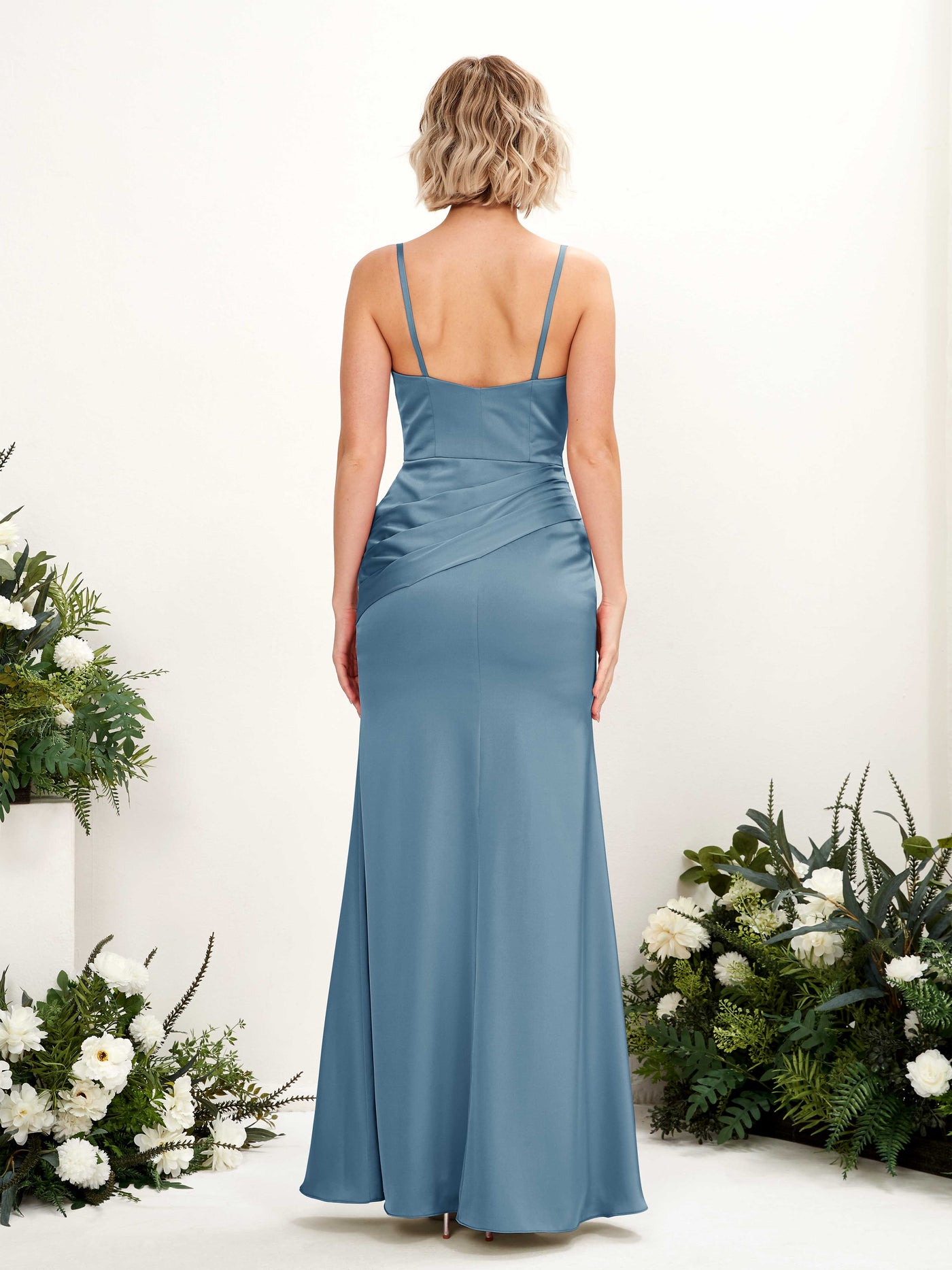 Carlyna Meerjungfrau Linie Brautjungfernkleider V-Ausschnitt Satin Bodenlang Tinte Blau #farbe_tinte-blau