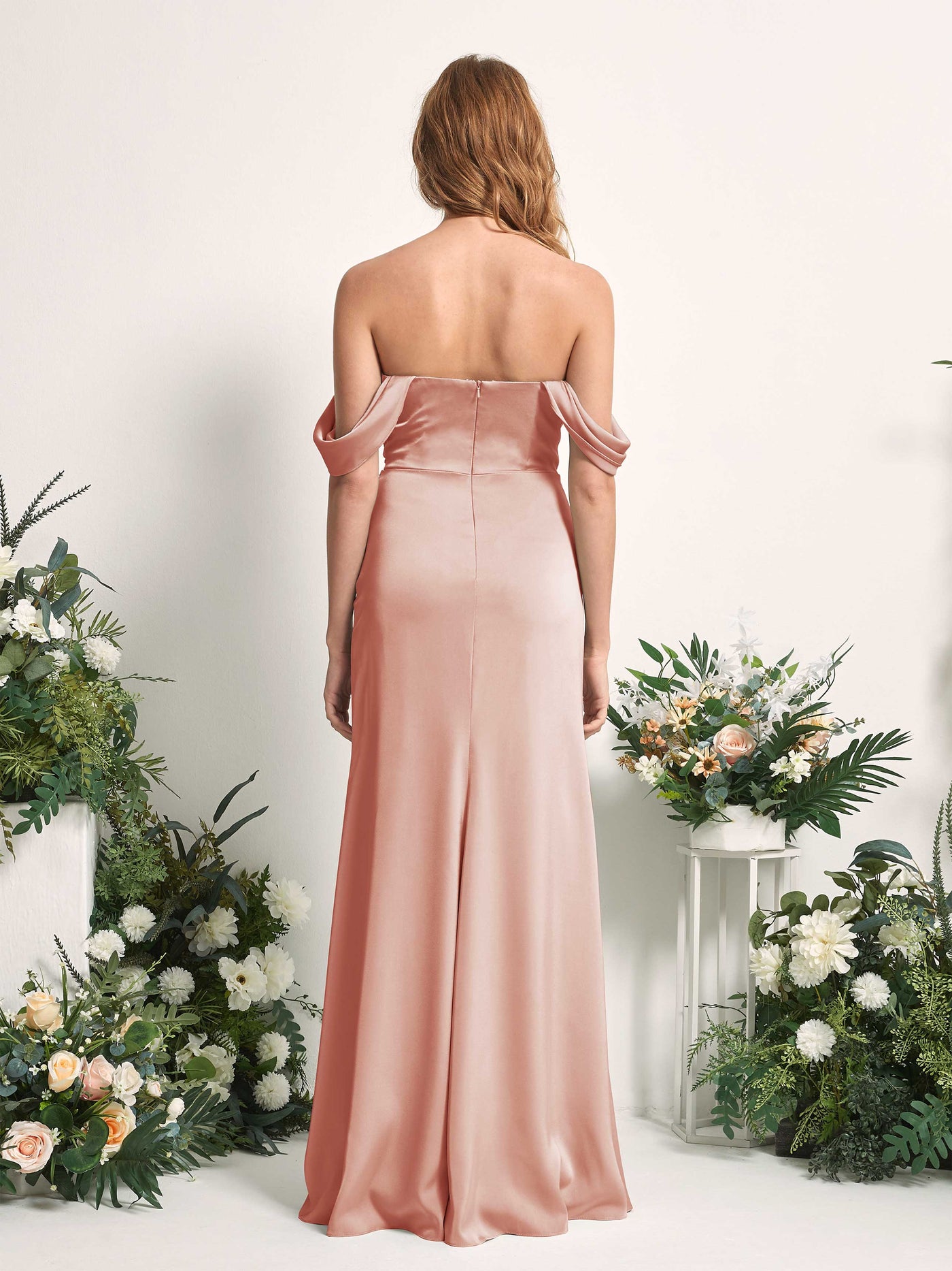 Carlyna Meerjungfrau-Linie Carmen-Ausschnitt gerafft Bodenlang Brautjungfernkleid Cantaloupe #farbe_cantaloupe