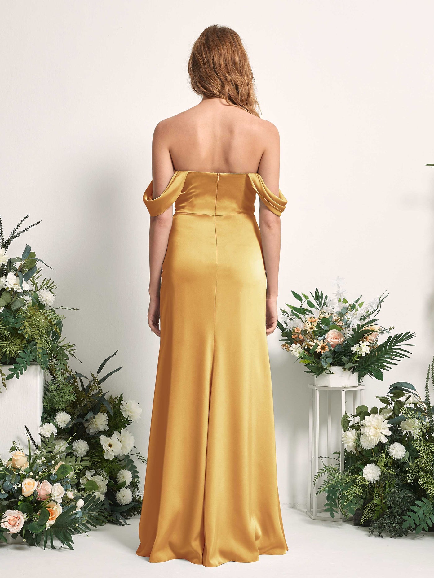 Carlyna Meerjungfrau-Linie Carmen-Ausschnitt gerafft Bodenlang Brautjungfernkleid Kanariengelb #farbe_kanariengelb