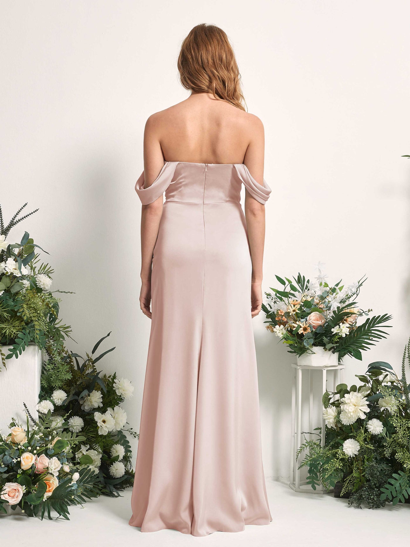 Carlyna Meerjungfrau-Linie Carmen-Ausschnitt gerafft Bodenlang Brautjungfernkleid Perlrosa #farbe_perlrosa