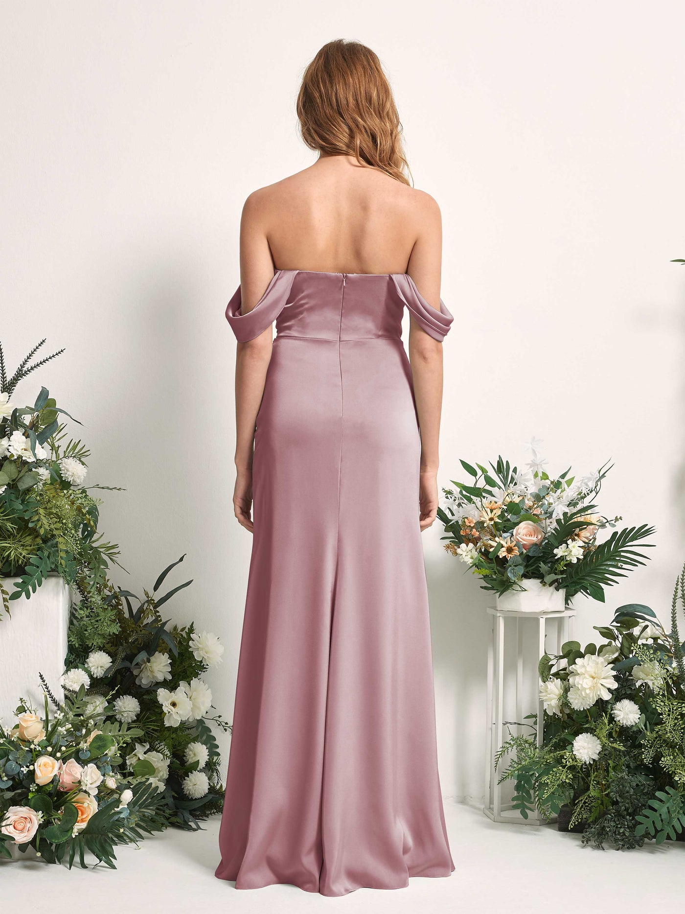 Carlyna Meerjungfrau-Linie Carmen-Ausschnitt gerafft Bodenlang Brautjungfernkleid Rosenquarz #farbe_rosenquarz