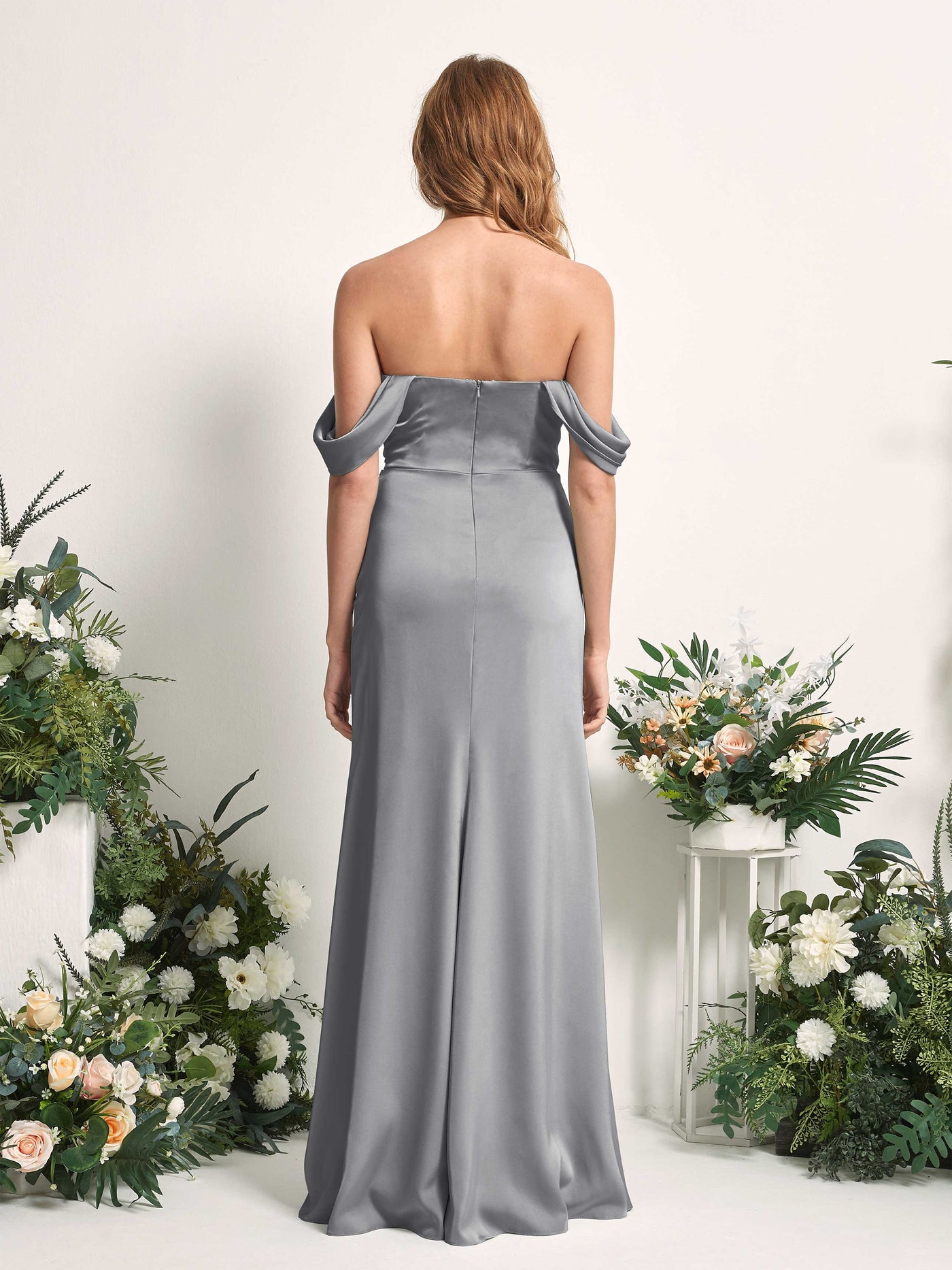 Carlyna Meerjungfrau-Linie Carmen-Ausschnitt gerafft Bodenlang Brautjungfernkleid Stahlgrau #farbe_stahlgrau