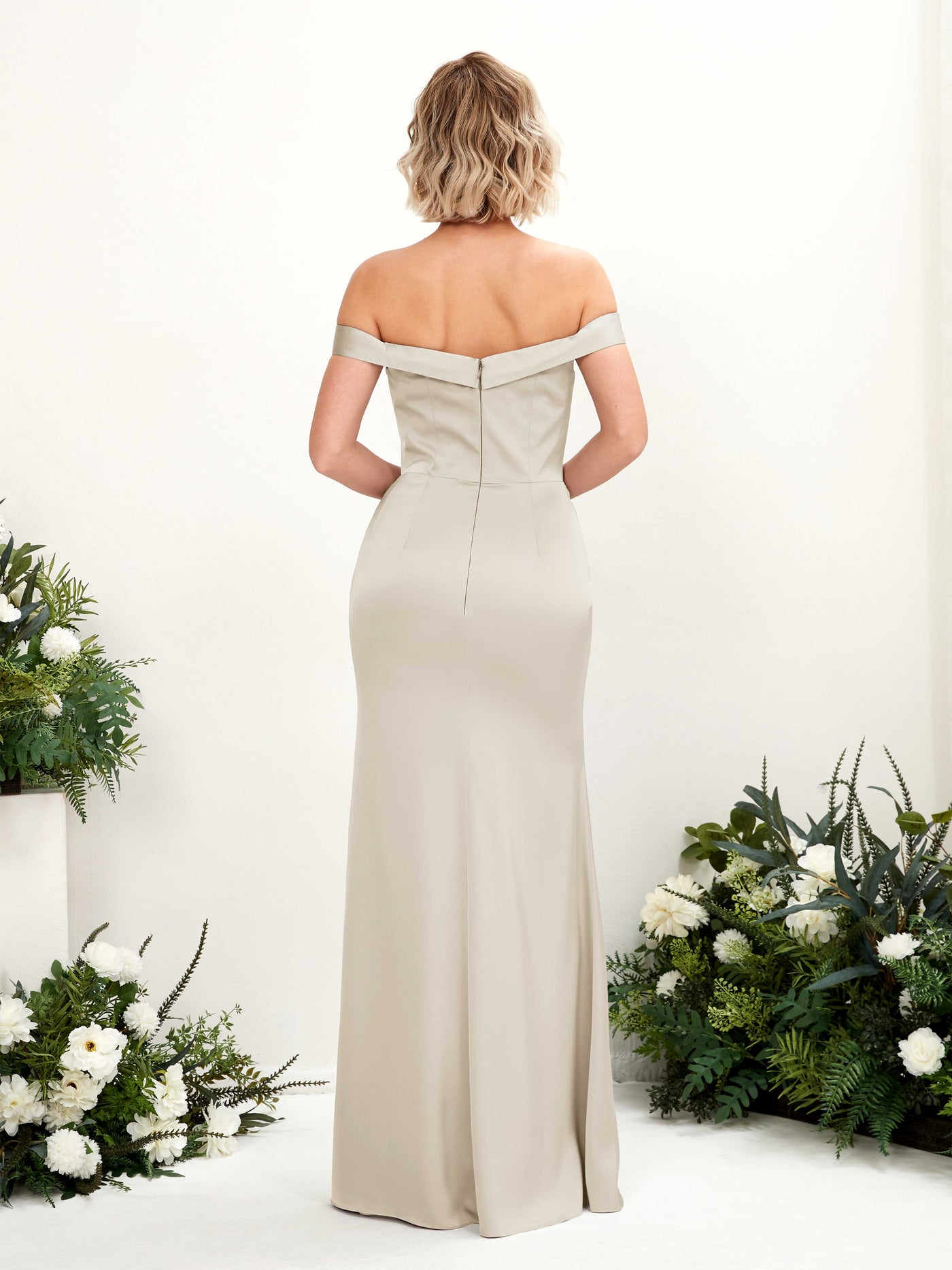 Carlyna Meerjungfrau-Linie Carmen Bodenlang Beinschlitz Brautjungfernkleid Champagner #farbe_champagner