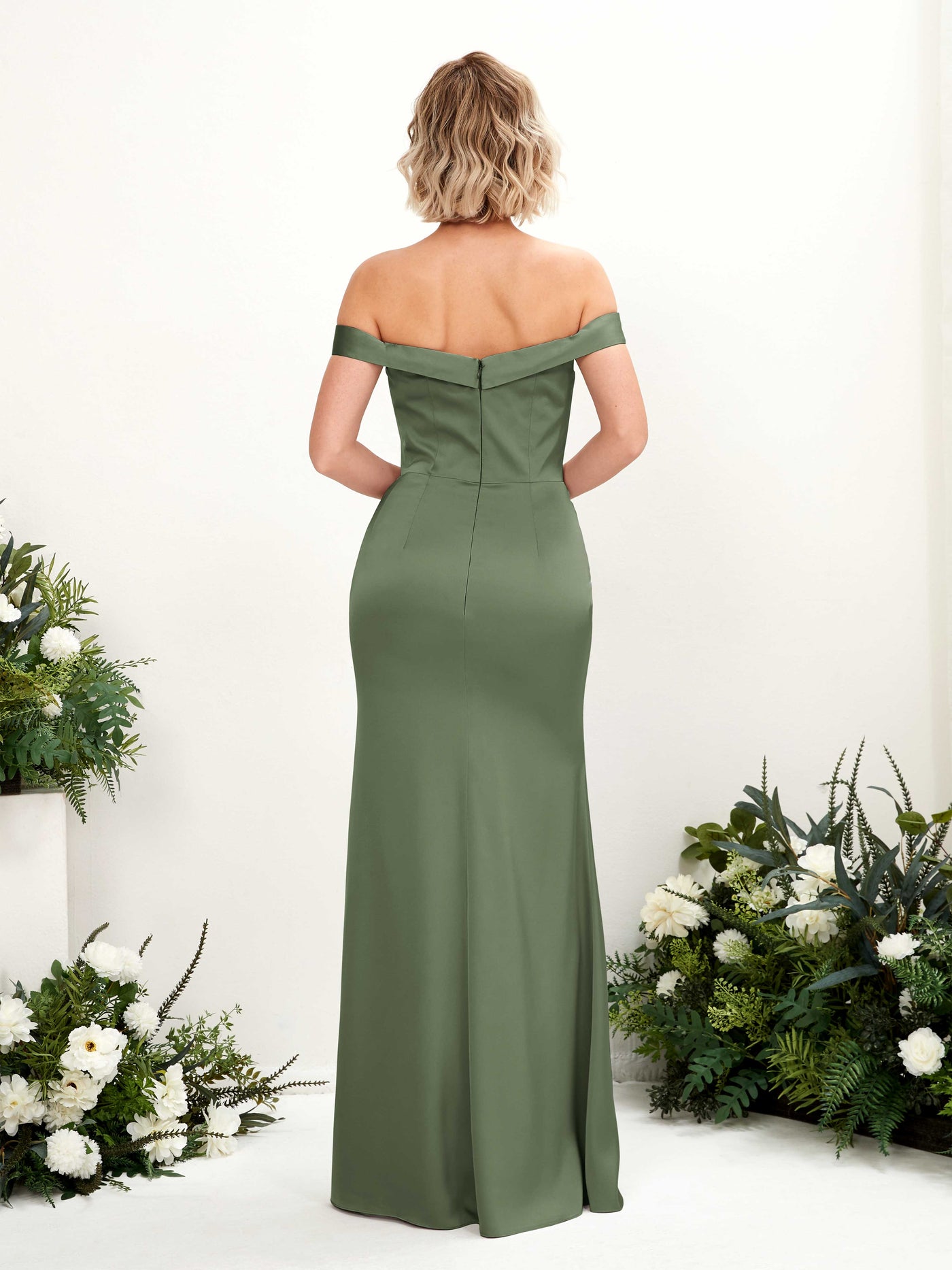 Carlyna Meerjungfrau-Linie Carmen Bodenlang Beinschlitz Brautjungfernkleid Olivgrün #farbe_olivgr-n