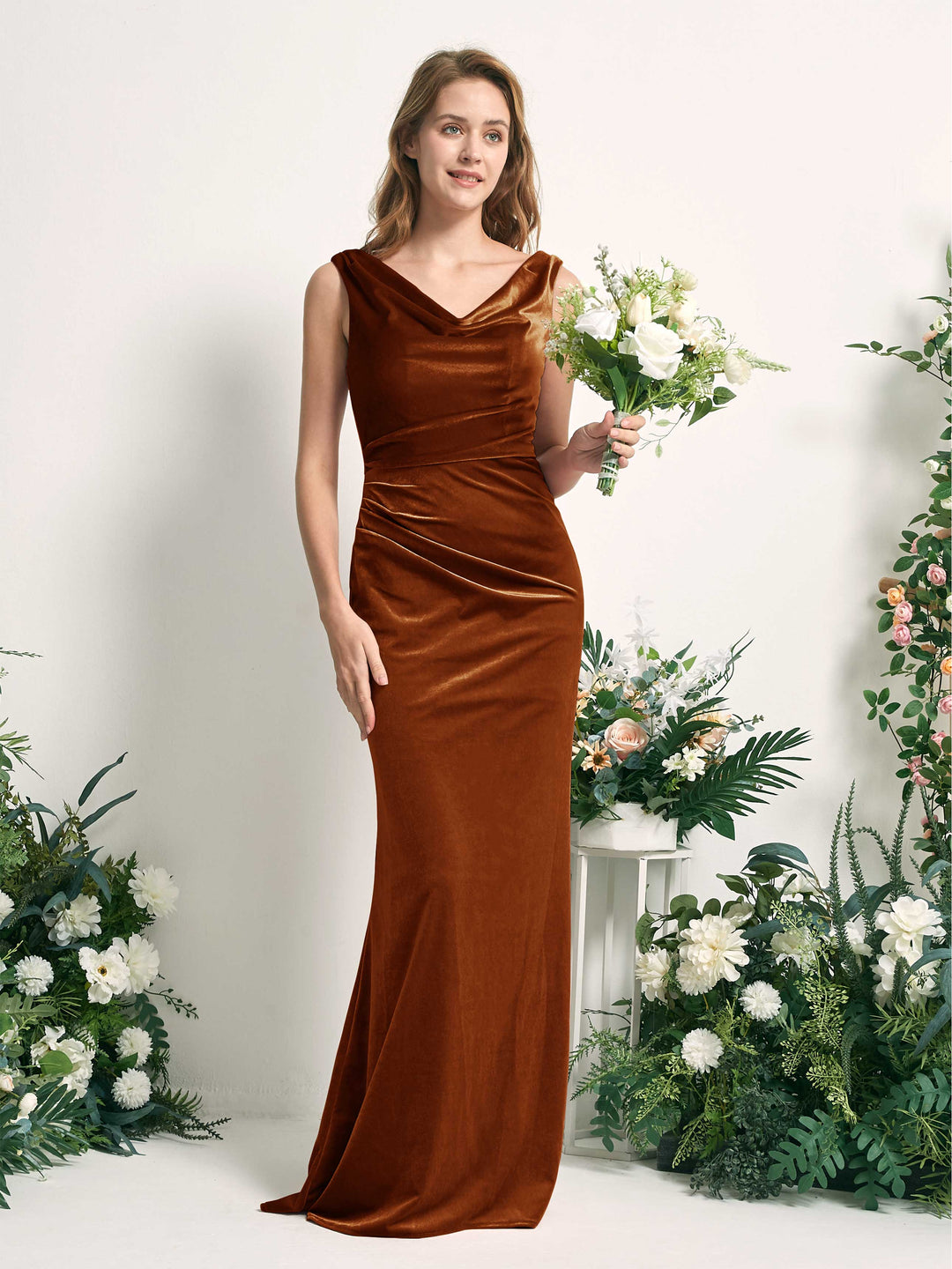 Carlyna Meerjungfrau-Linie V-Ausschnitt Bodenlang Samt Brautjungfernkleid Burant-Orange 