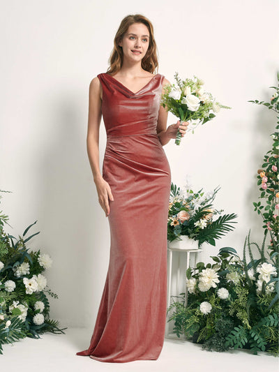 Carlyna Meerjungfrau-Linie V-Ausschnitt Bodenlang Samt Brautjungfernkleid Staubige Rose #farbe_staubige-rose