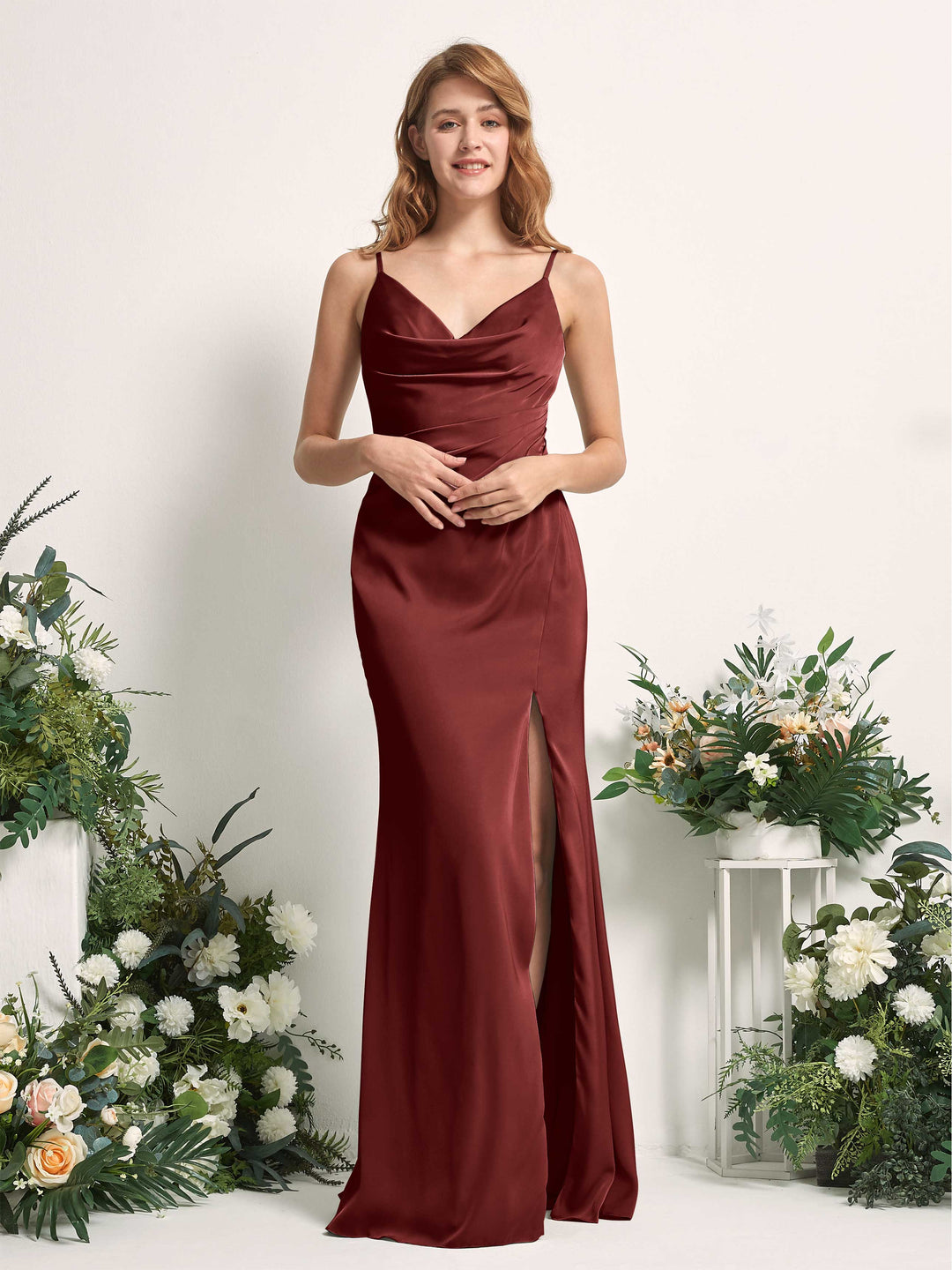 Carlyna Meerjungfrau-Linie V-Ausschnitt Bodenlang Satin Kleid für Brautjungfern Burgunderrot 