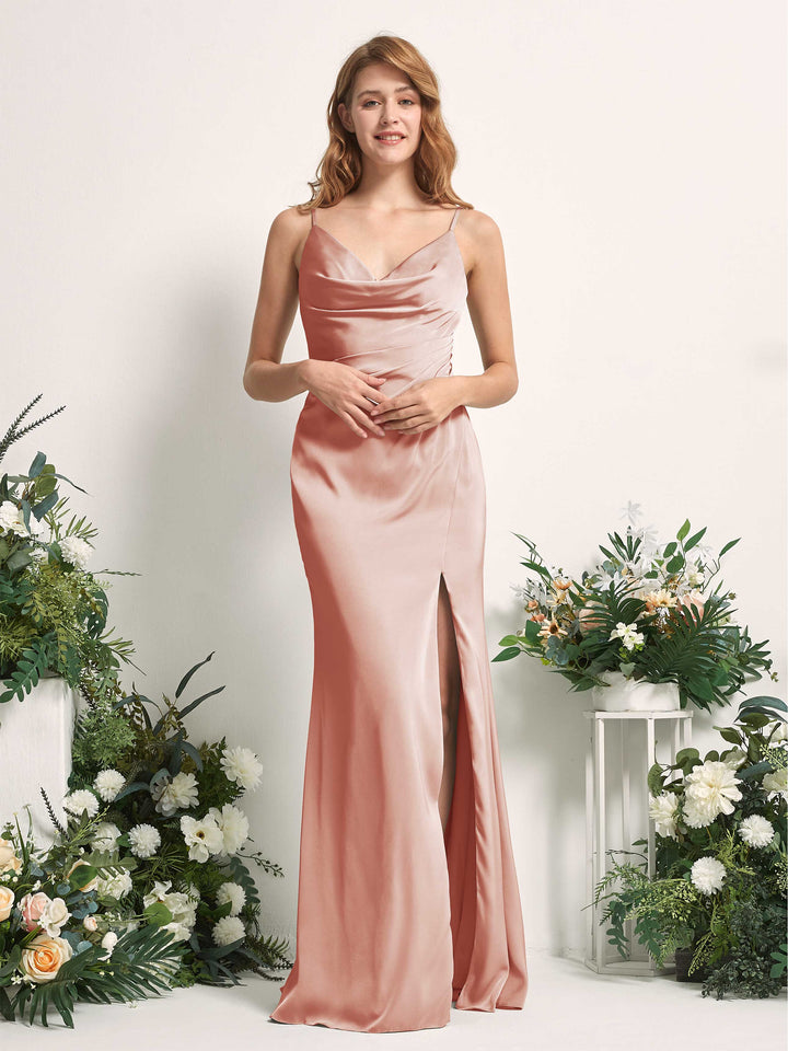 Carlyna Meerjungfrau-Linie V-Ausschnitt Bodenlang Satin Kleid für Brautjungfern Cantaloupe 