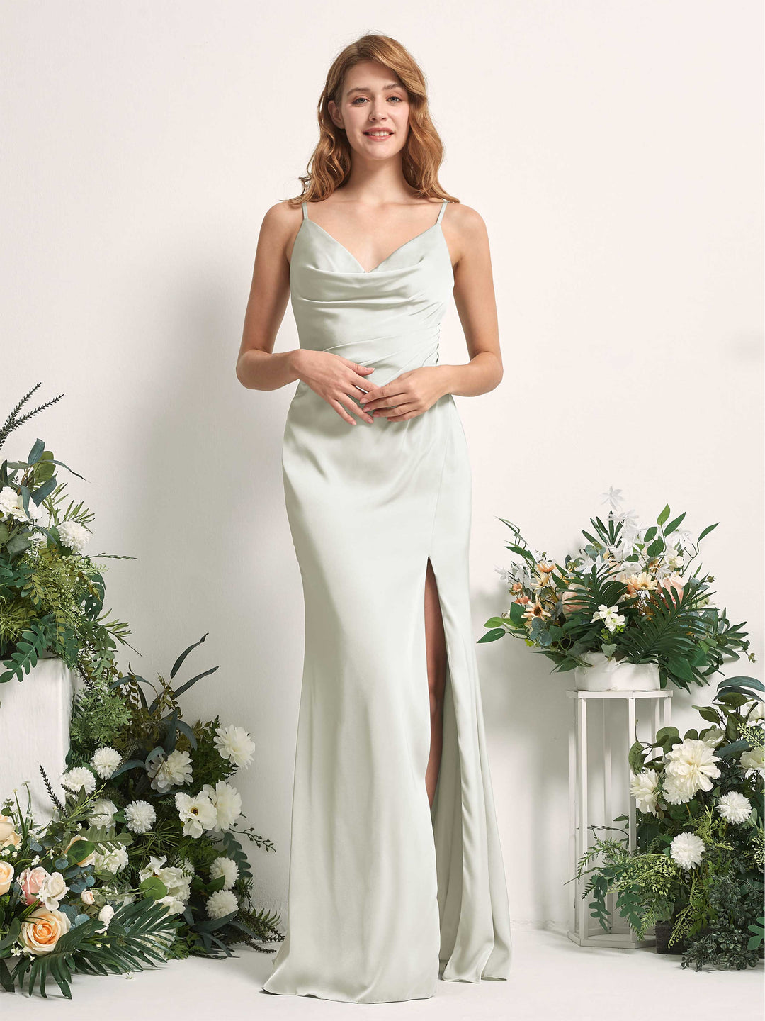 Carlyna Meerjungfrau-Linie V-Ausschnitt Bodenlang Satin Kleid für Brautjungfern Elfenbein 