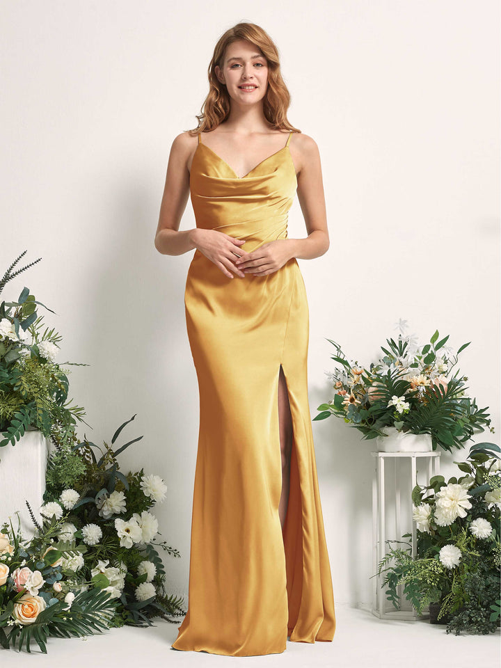Carlyna Meerjungfrau-Linie V-Ausschnitt Bodenlang Satin Kleid für Brautjungfern Kanariengelb 