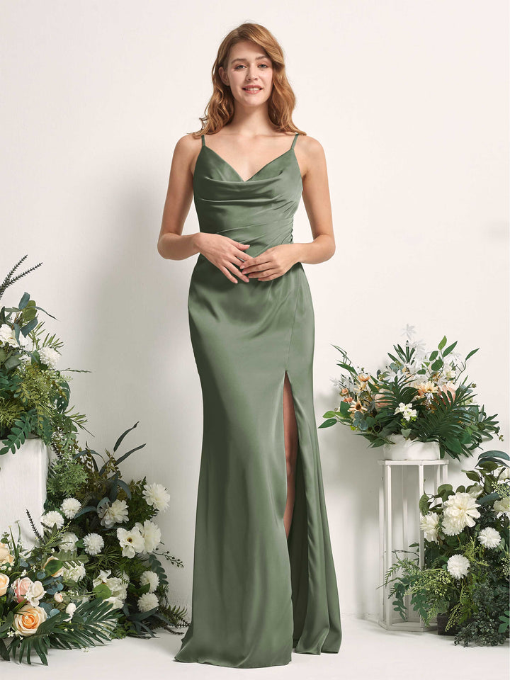 Carlyna Meerjungfrau-Linie V-Ausschnitt Bodenlang Satin Kleid für Brautjungfern Olivgrün 