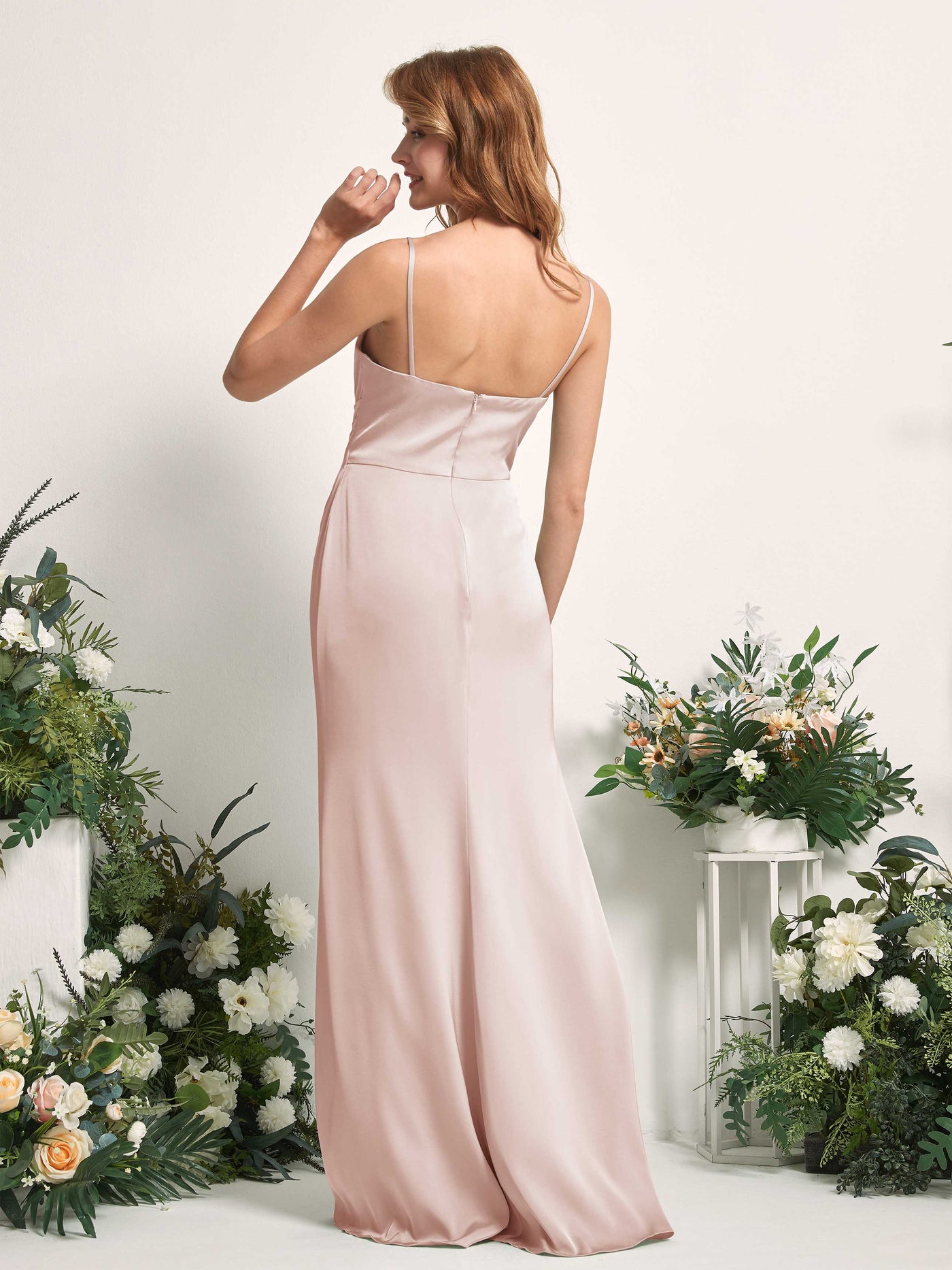 Carlyna Meerjungfrau-Linie V-Ausschnitt Bodenlang Satin Kleid für Brautjungfern Perlrosa #farbe_perlrosa