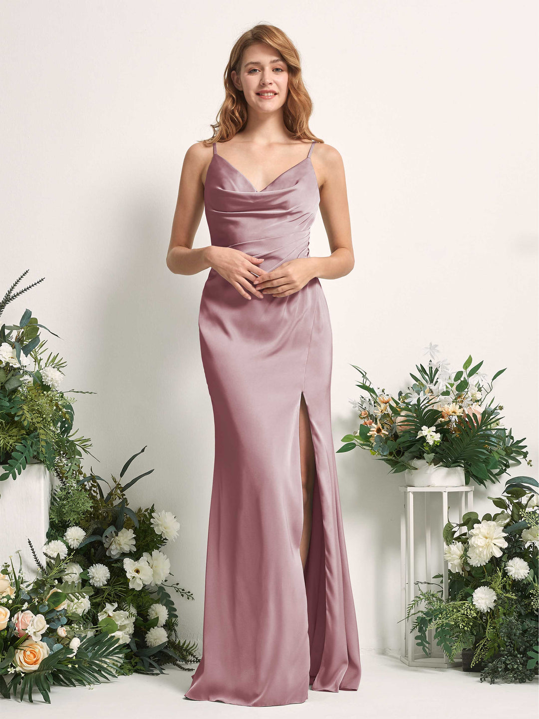 Carlyna Meerjungfrau-Linie V-Ausschnitt Bodenlang Satin Kleid für Brautjungfern Rosenquarz 