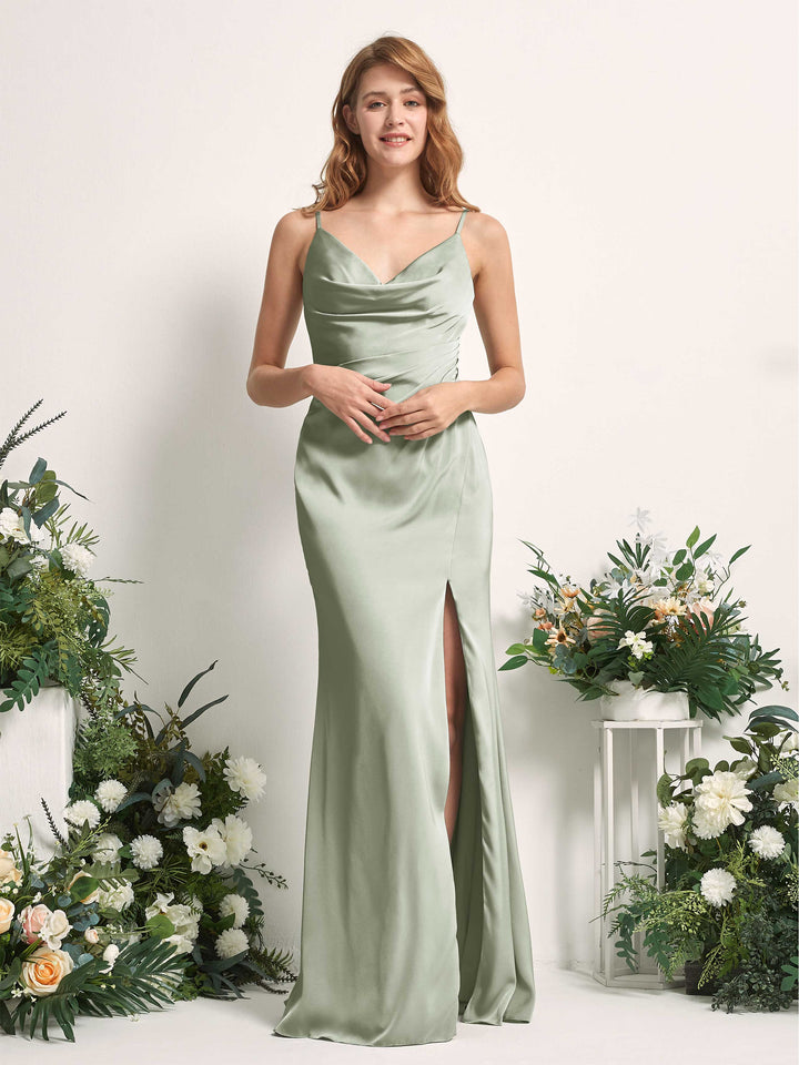 Carlyna Meerjungfrau-Linie V-Ausschnitt Bodenlang Satin Kleid für Brautjungfern Salbeigrün 