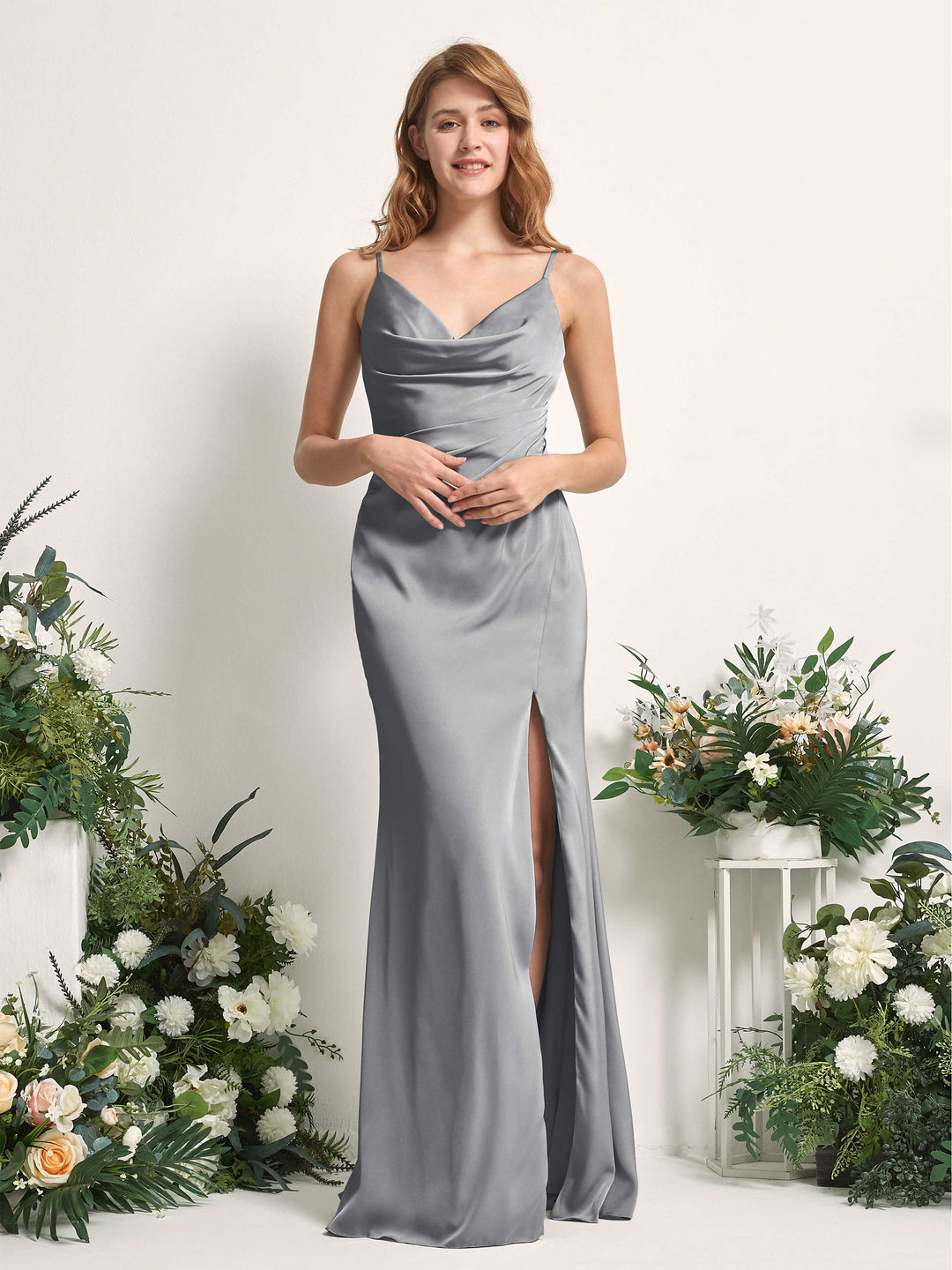 Carlyna Meerjungfrau-Linie V-Ausschnitt Bodenlang Satin Kleid für Brautjungfern Stahlgrau 