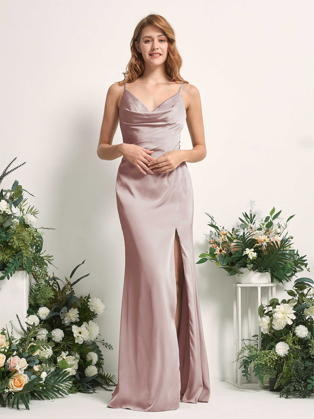 Carlyna Meerjungfrau-Linie V-Ausschnitt Bodenlang Satin Kleid für Brautjungfern Staubige Rose 