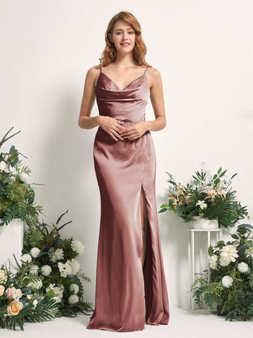 Carlyna Meerjungfrau-Linie V-Ausschnitt Bodenlang Satin Kleid für Brautjungfern Wüstenrose #farbe_w-stenrose
