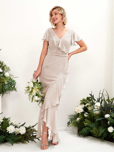 Carlyna Meerjungfrau-Linie V-Ausschnitt Flatterärmel Bodenlang Kleid Champagner #farbe_champagner