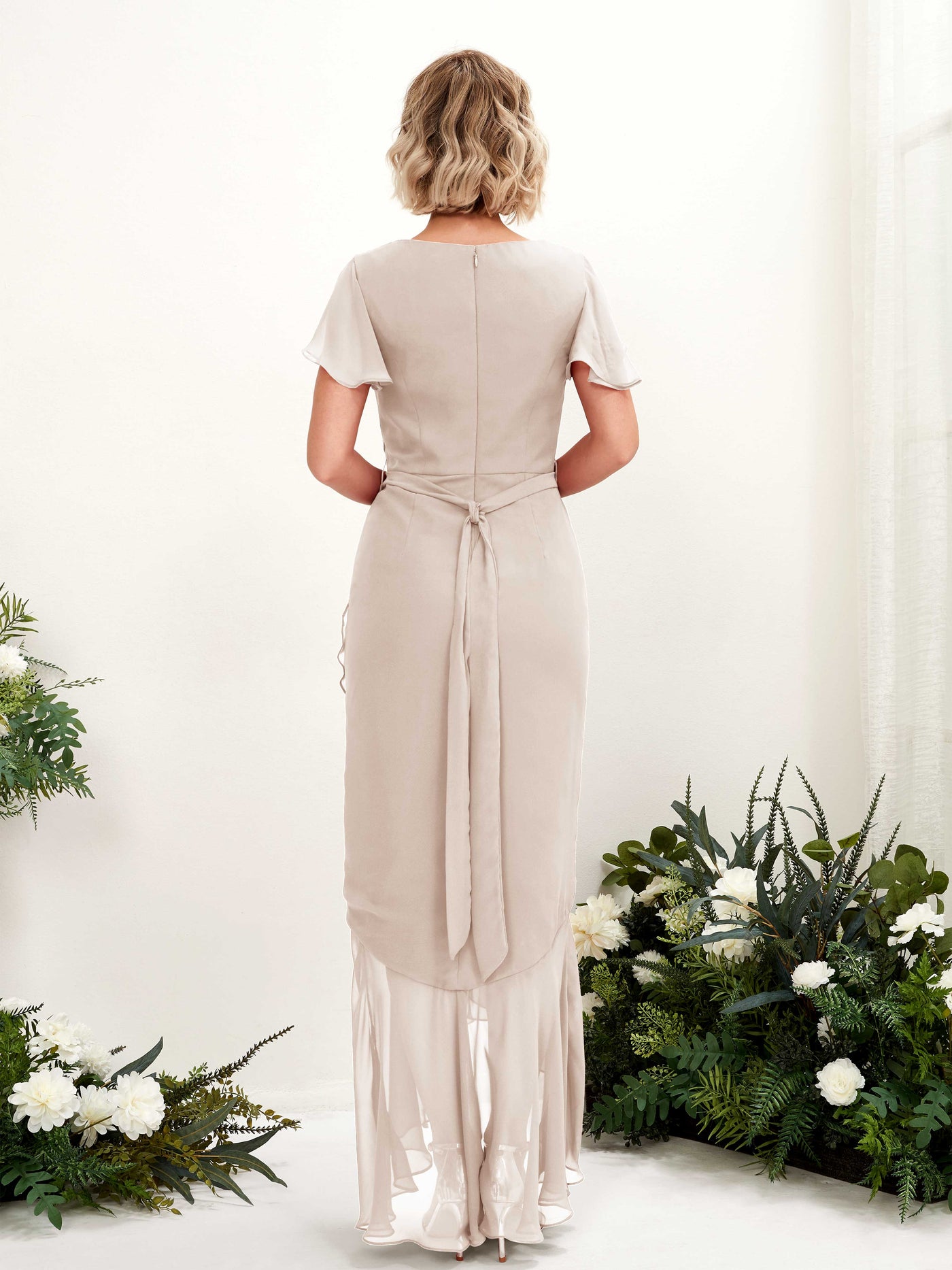 Carlyna Meerjungfrau-Linie V-Ausschnitt Flatterärmel Bodenlang Kleid Champagner #farbe_champagner
