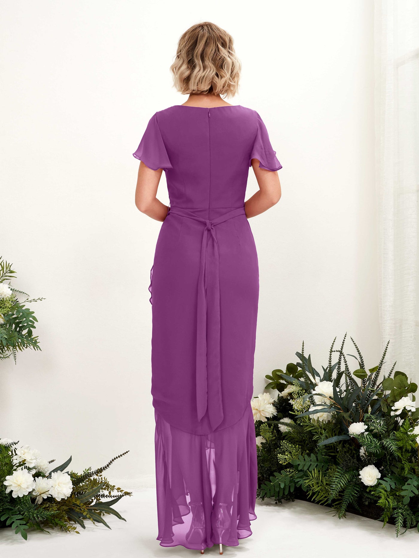 Carlyna Meerjungfrau-Linie V-Ausschnitt Flatterärmel Bodenlang Kleid Lila #farbe_lila