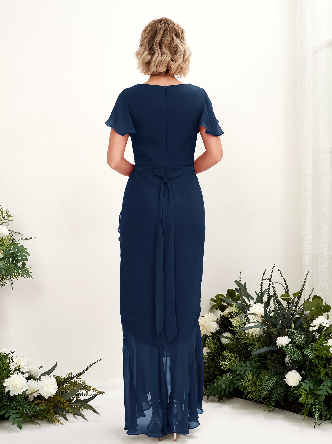 Carlyna Meerjungfrau-Linie V-Ausschnitt Flatterärmel Bodenlang Kleid Marineblau #farbe_marineblau