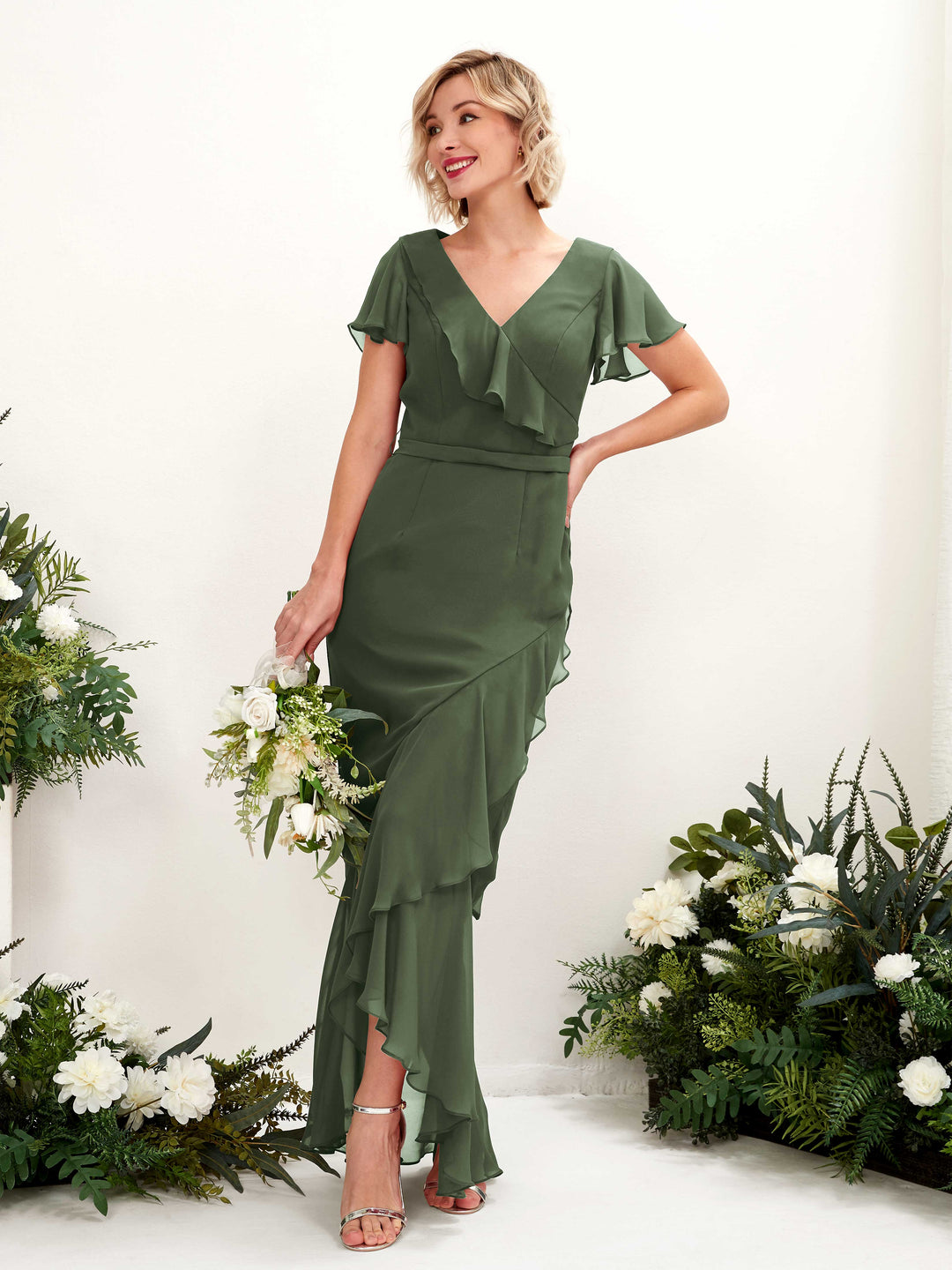 Carlyna Meerjungfrau-Linie V-Ausschnitt Flatterärmel Bodenlang Kleid Martini-Olive 