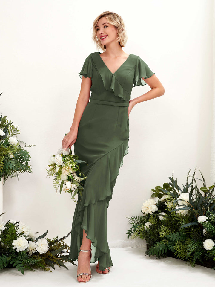 Carlyna Meerjungfrau-Linie V-Ausschnitt Flatterärmel Bodenlang Kleid Martini-Olive 