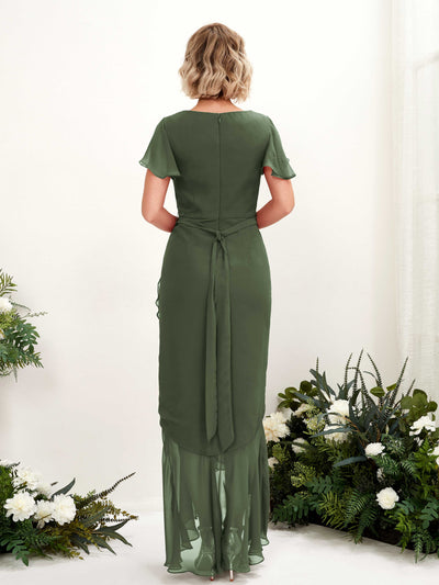Carlyna Meerjungfrau-Linie V-Ausschnitt Flatterärmel Bodenlang Kleid Martini-Olive #farbe_martini-olive