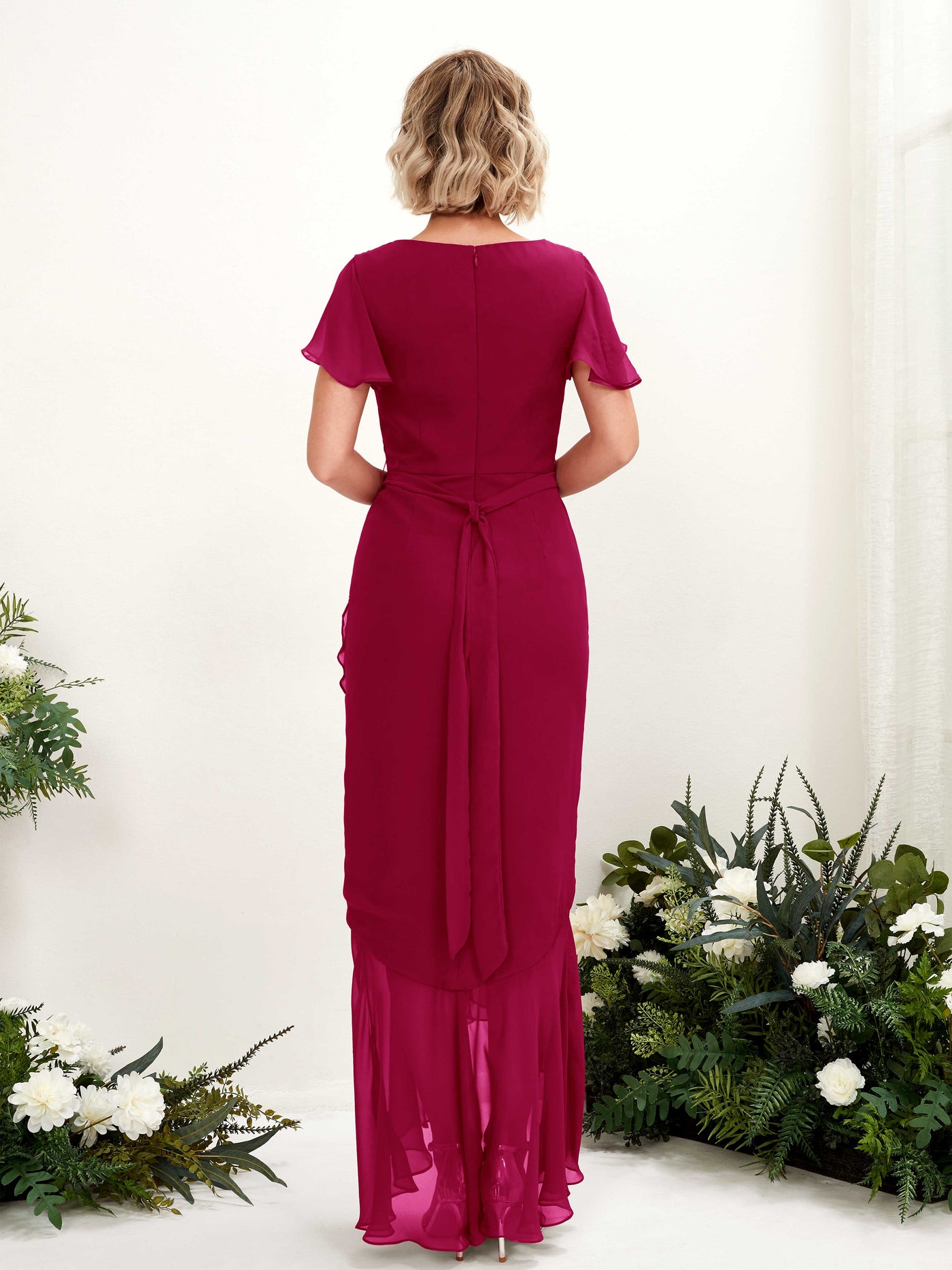 Carlyna Meerjungfrau-Linie V-Ausschnitt Flatterärmel Bodenlang Kleid Narrenrot #farbe_narrenrot