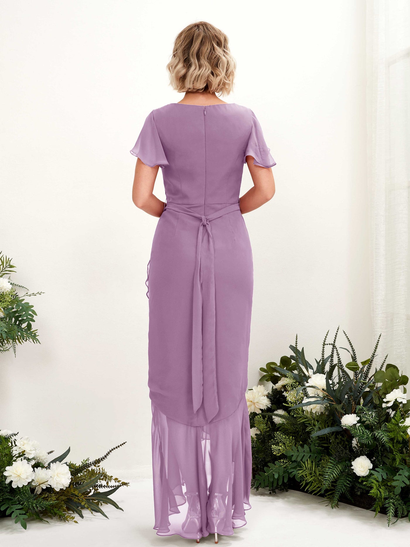 Carlyna Meerjungfrau-Linie V-Ausschnitt Flatterärmel Bodenlang Kleid Orchideen-Nebel #farbe_orchideen-nebel